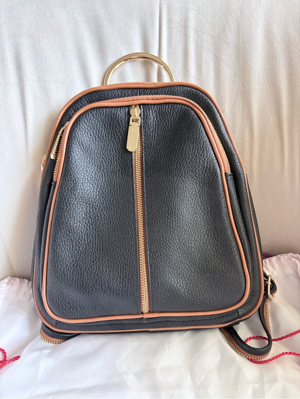 Valentina Black Pebbled Leather Backpack with Tan Trim and Gold Hardware